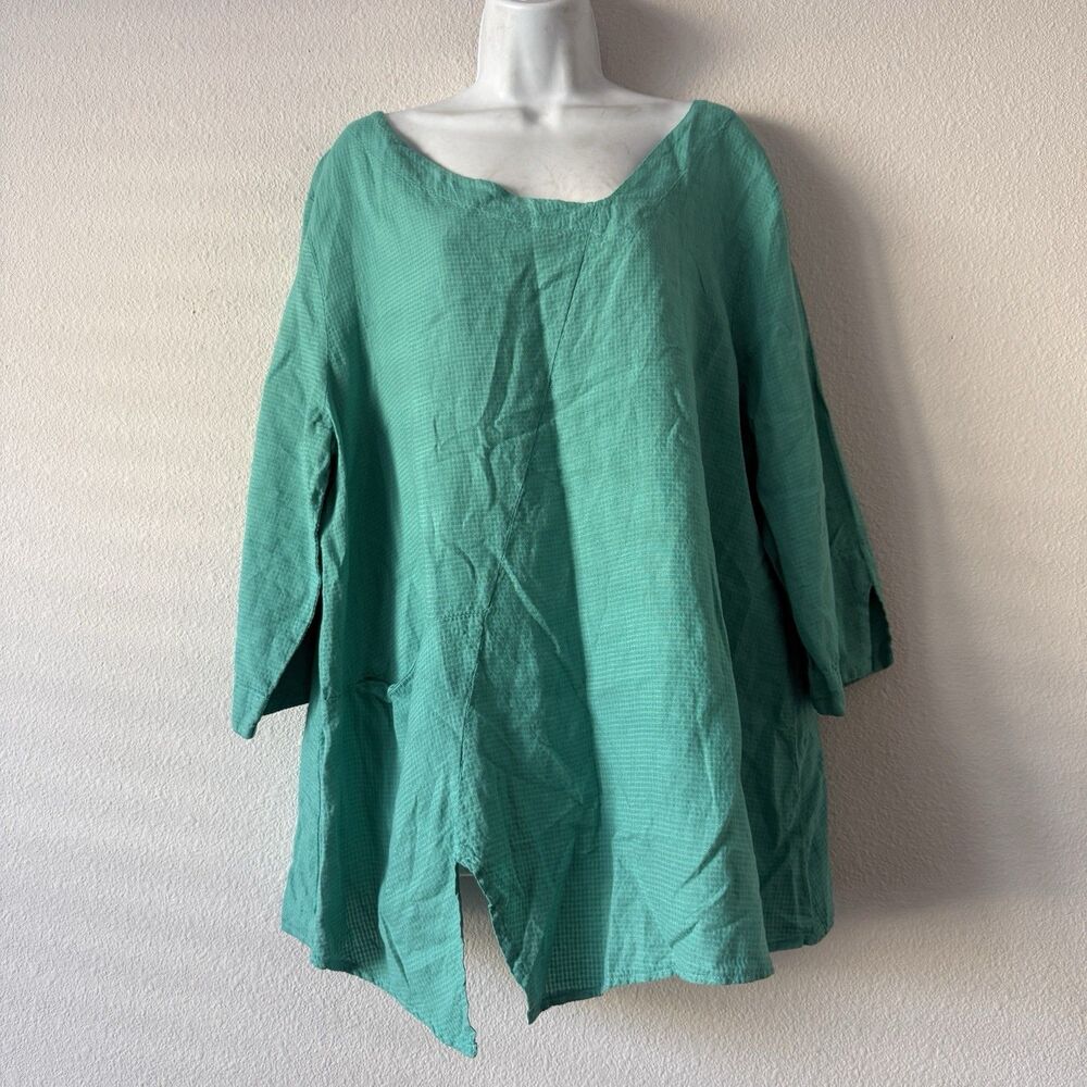 Niche Nilgun Derman Linen Blend Tunic Blouse XL Green Check Boat Neck Asym Hem